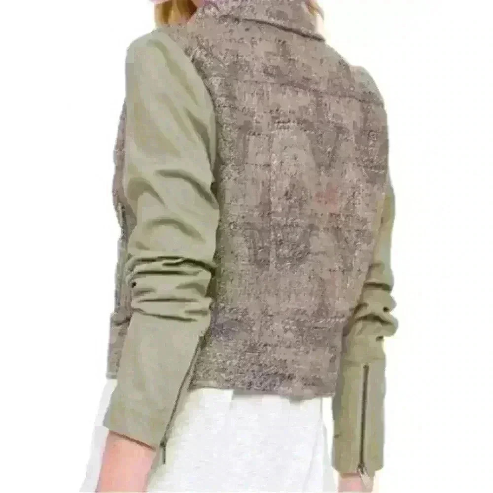 MinkPink olive, tan and metallic lined jacket with zipper detail. - Picture 2 of 16